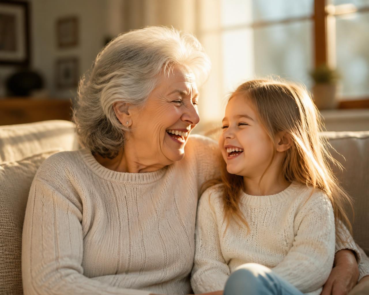 A grandmother laughing beside her granddaughter on a sunlit couch